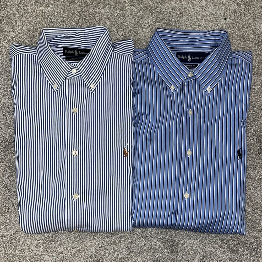 2 beautiful Polo Ralph Lauren Blue stripe w/pony cotton LS shirts 16 1/2” x 33
